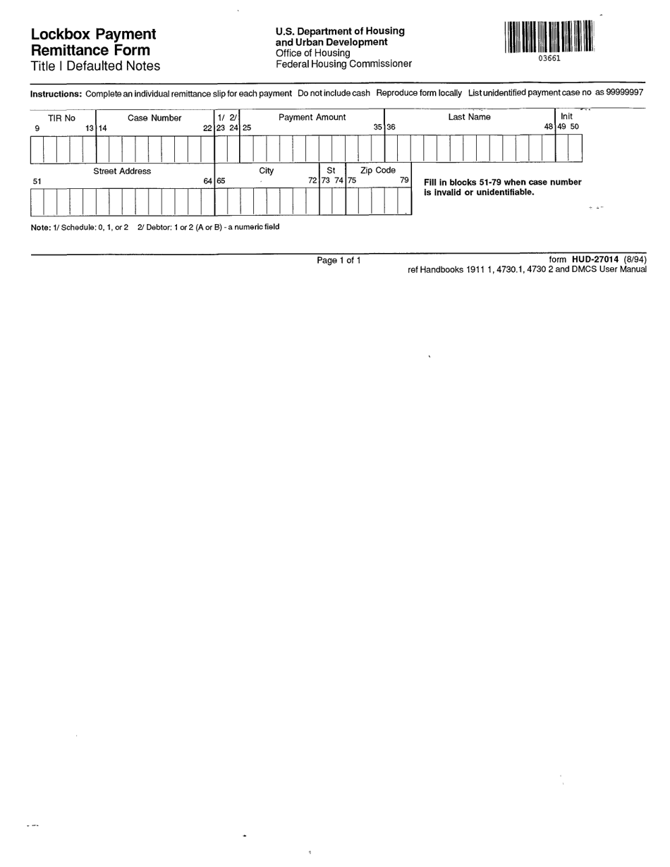 Form HUD-27014 Lockbox Payment Remittance Form, Page 1