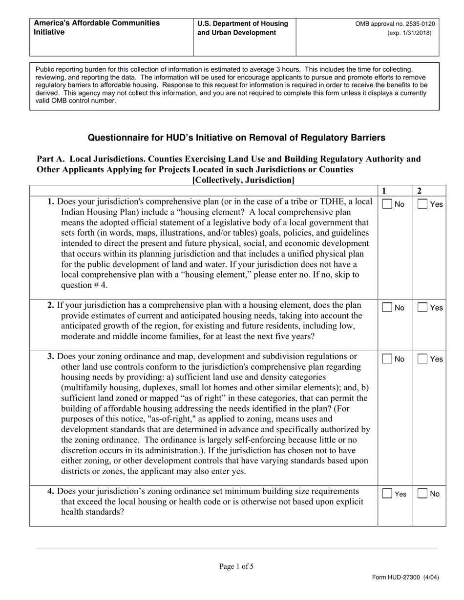 Form HUD-27300 Questionnaire for Huds Initiative on Removal of Regulatory Barriers, Page 1