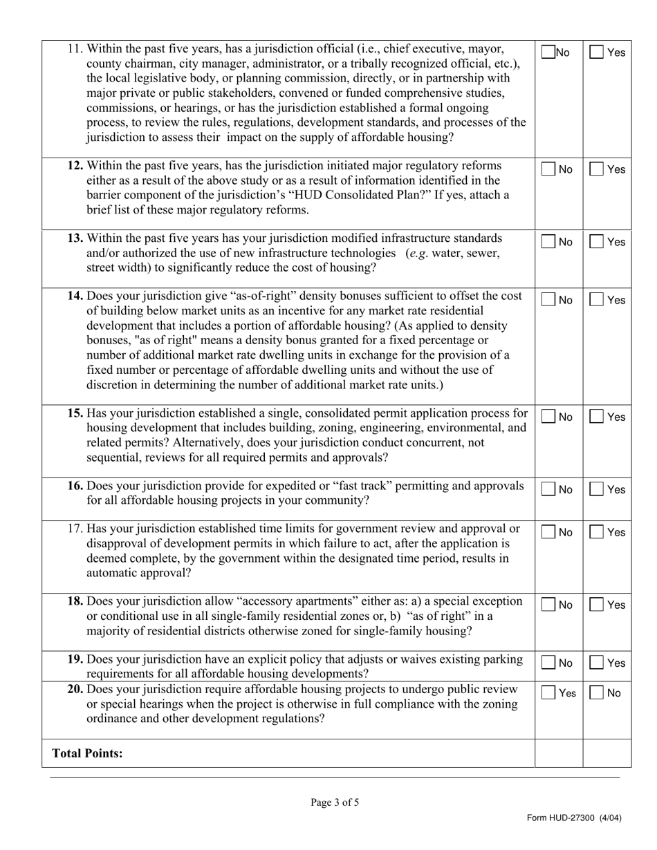 Form HUD-27300 Questionnaire for Huds Initiative on Removal of Regulatory Barriers, Page 3