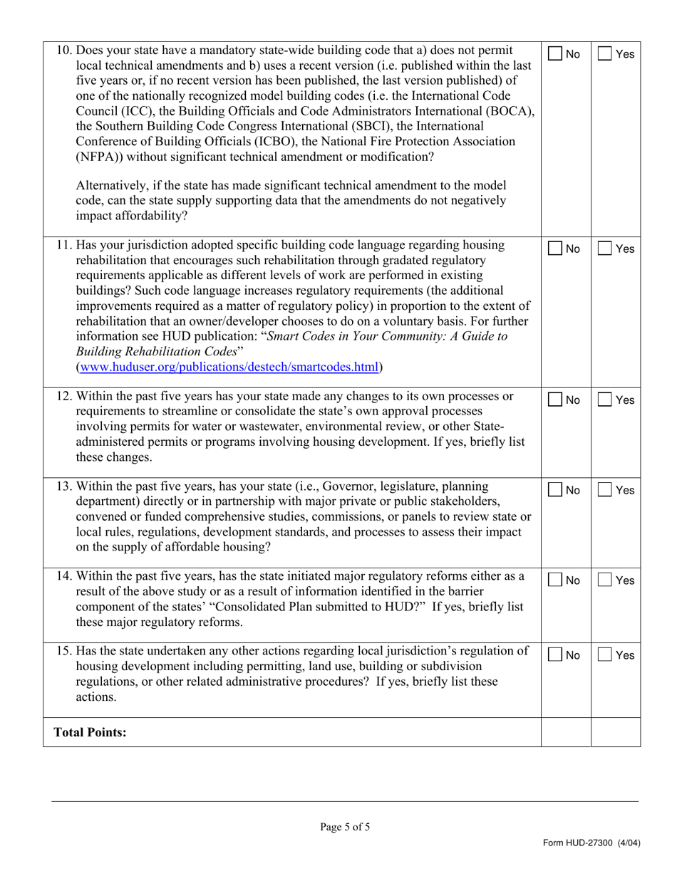 Form HUD-27300 Questionnaire for Huds Initiative on Removal of Regulatory Barriers, Page 5