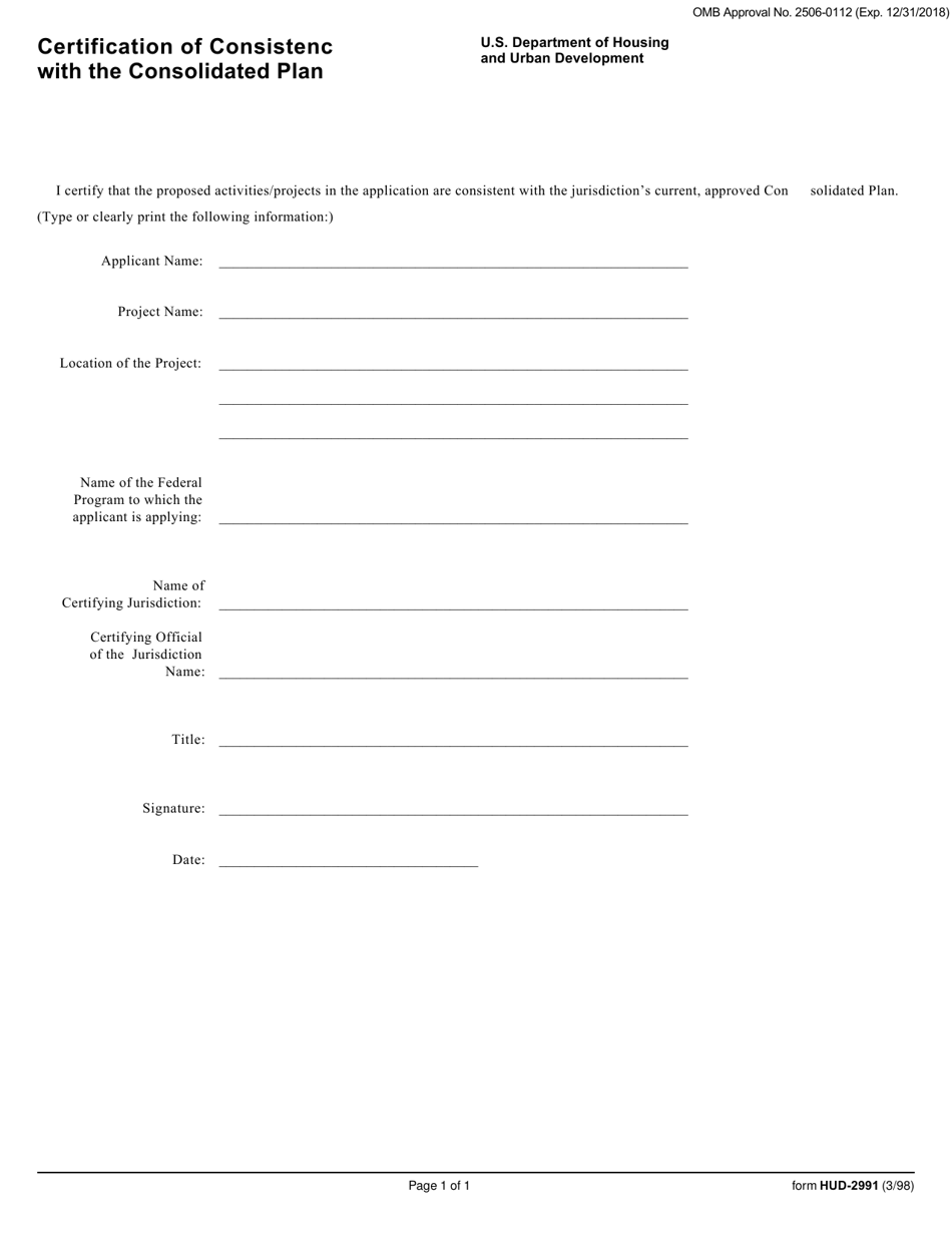 Form HUD-2991 Certification of Consistency With the Consolidated Plan, Page 1