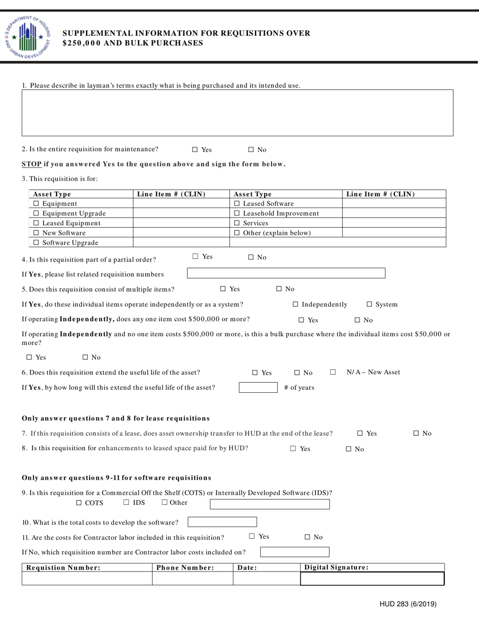 Form HUD-283 Supplemental Information for Requisitions Over $250,000 and Bulk Purchases, Page 1
