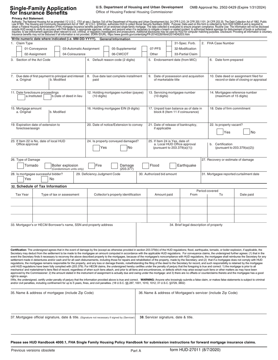 Form HUD-27011 Single-Family Application for Insurance Benefits, Page 1