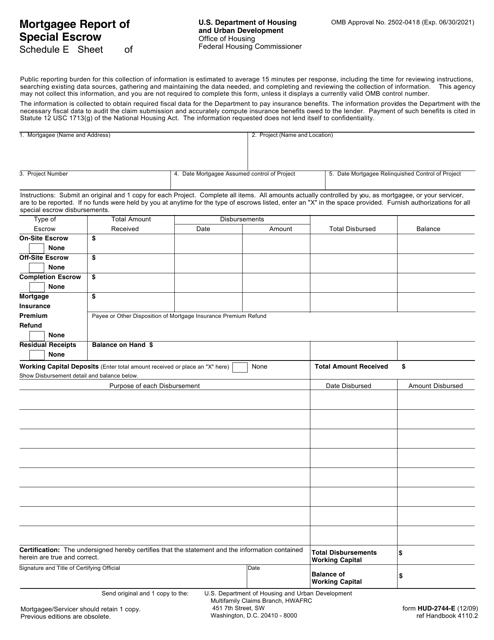 Form HUD-2744-E Schedule E Mortgagee Report of Special Escrow