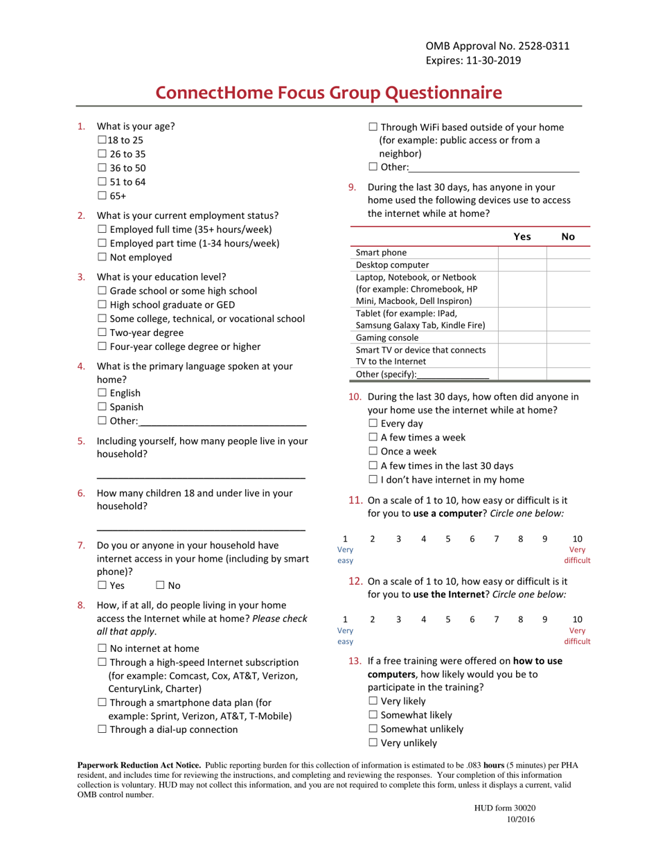 Form HUD-30020 Connecthome Focus Group Questionnaire, Page 1