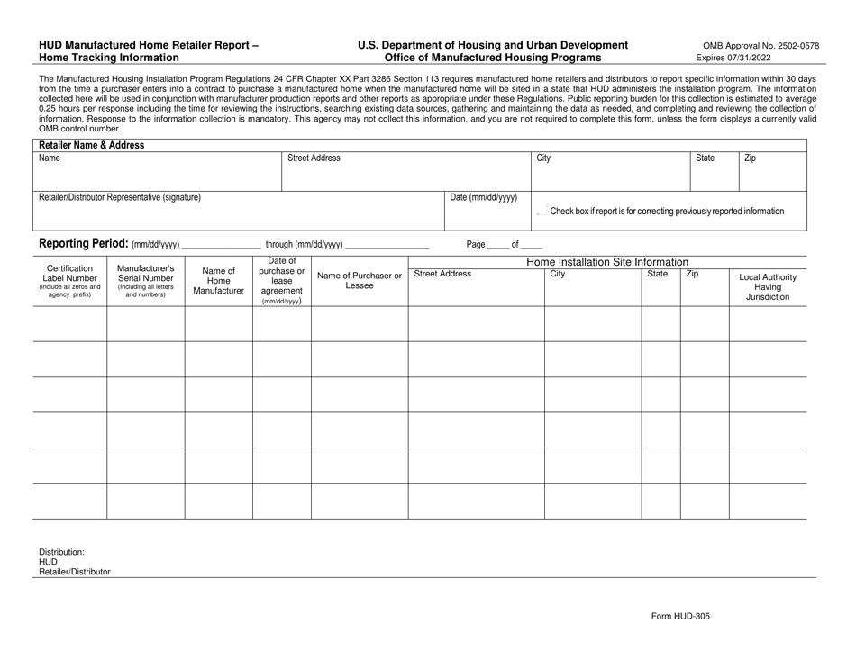 Form HUD-305 Hud Manufactured Home Retailer Report - Home Tracking Information, Page 1