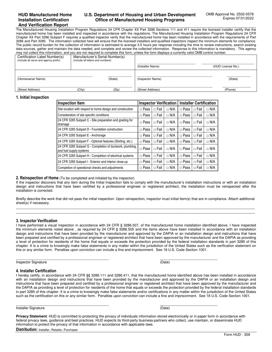 Form HUD-309 Hud Manufactured Home Installation Certification and Verification Report, Page 1