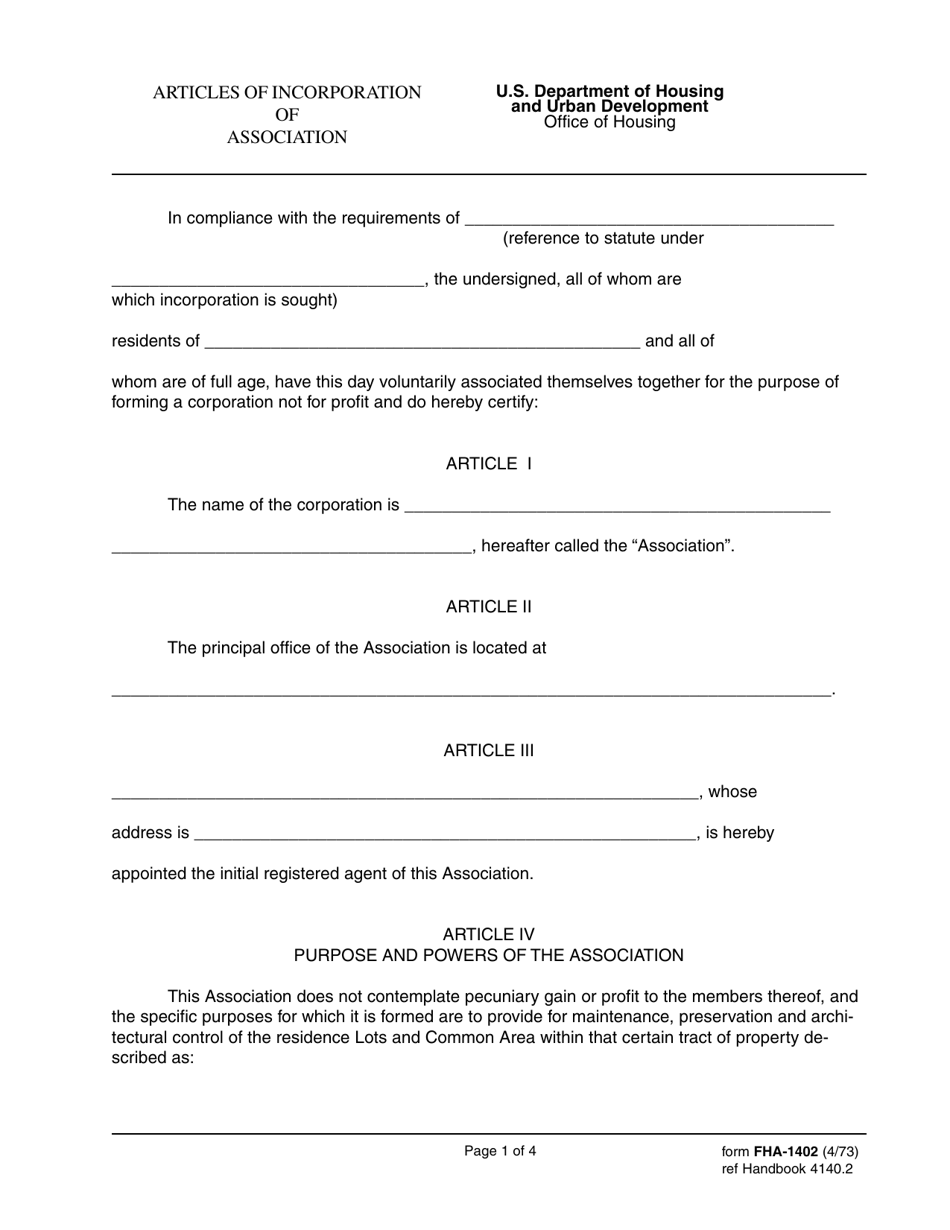 Form FHA-1402 Articles of Incorporation of Association, Page 1