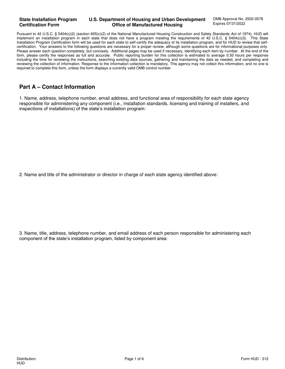 Form HUD-312 Certification Form - State Installation Program, Page 1