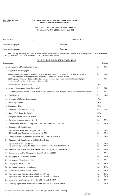 Form FHA-1022  Printable Pdf
