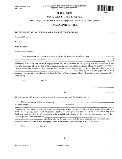 Form FHA-2226 Model Form - Mortgagee's Title Evidence