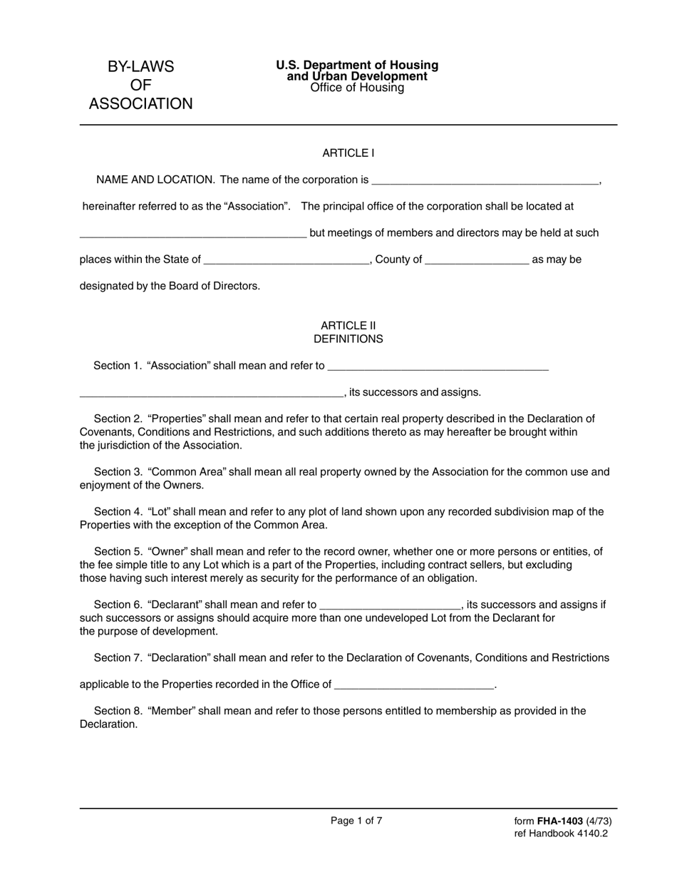 Form FHA-1403 By-Laws of Association, Page 1