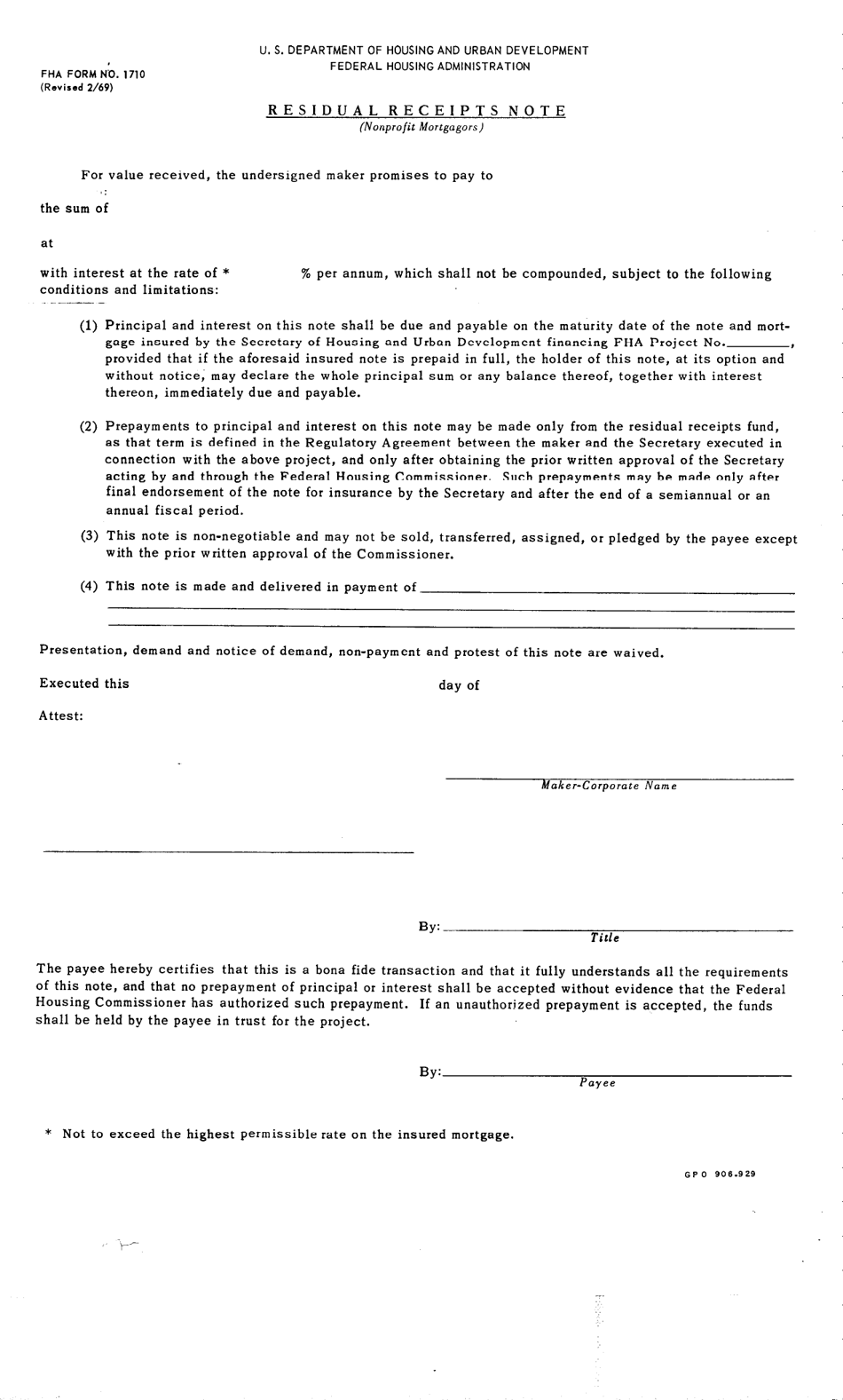Form FHA-1710 Residual Receipts Note - Nonprofit Mortgageors, Page 1