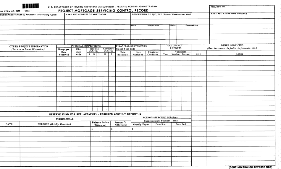 Form FHA-2405 Project Mortgage Servicing Control Record, Page 1