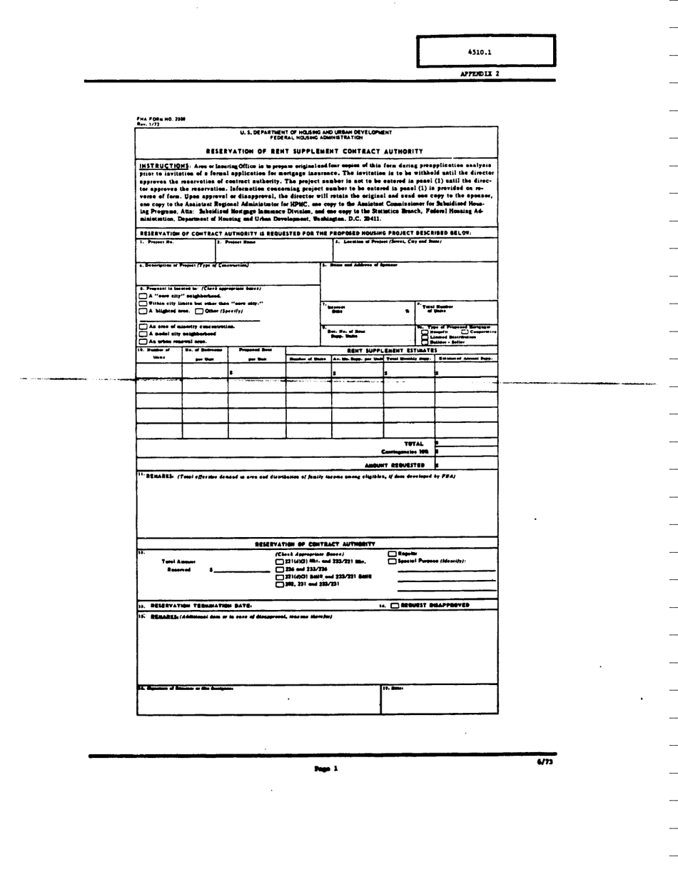 Form FHA-2301 Appendix 2 Reservation of Rent Supplement Contract Authority, Page 1