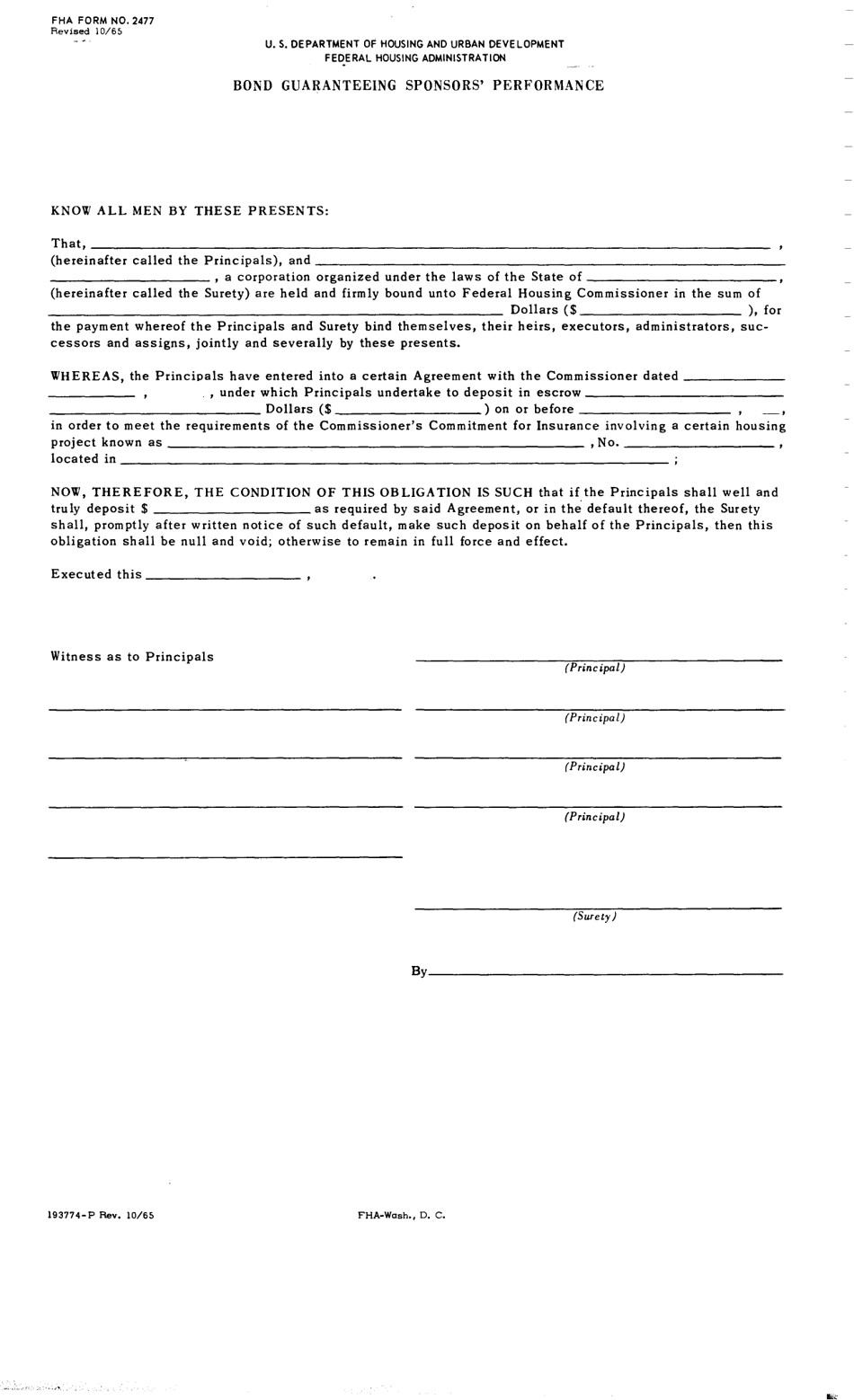 Form FHA-2477 Bond Guaranteeing Sponsors Performance, Page 1