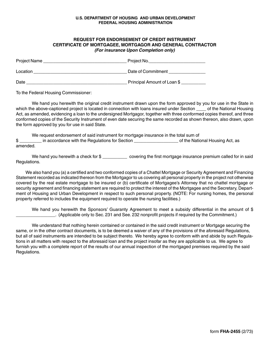 Form FHA-2455 Request for Endorsement of Credit Instrument Certificate of Mortgagee, Mortgagor and General Contractor (For Insurance Upon Completion Only), Page 1