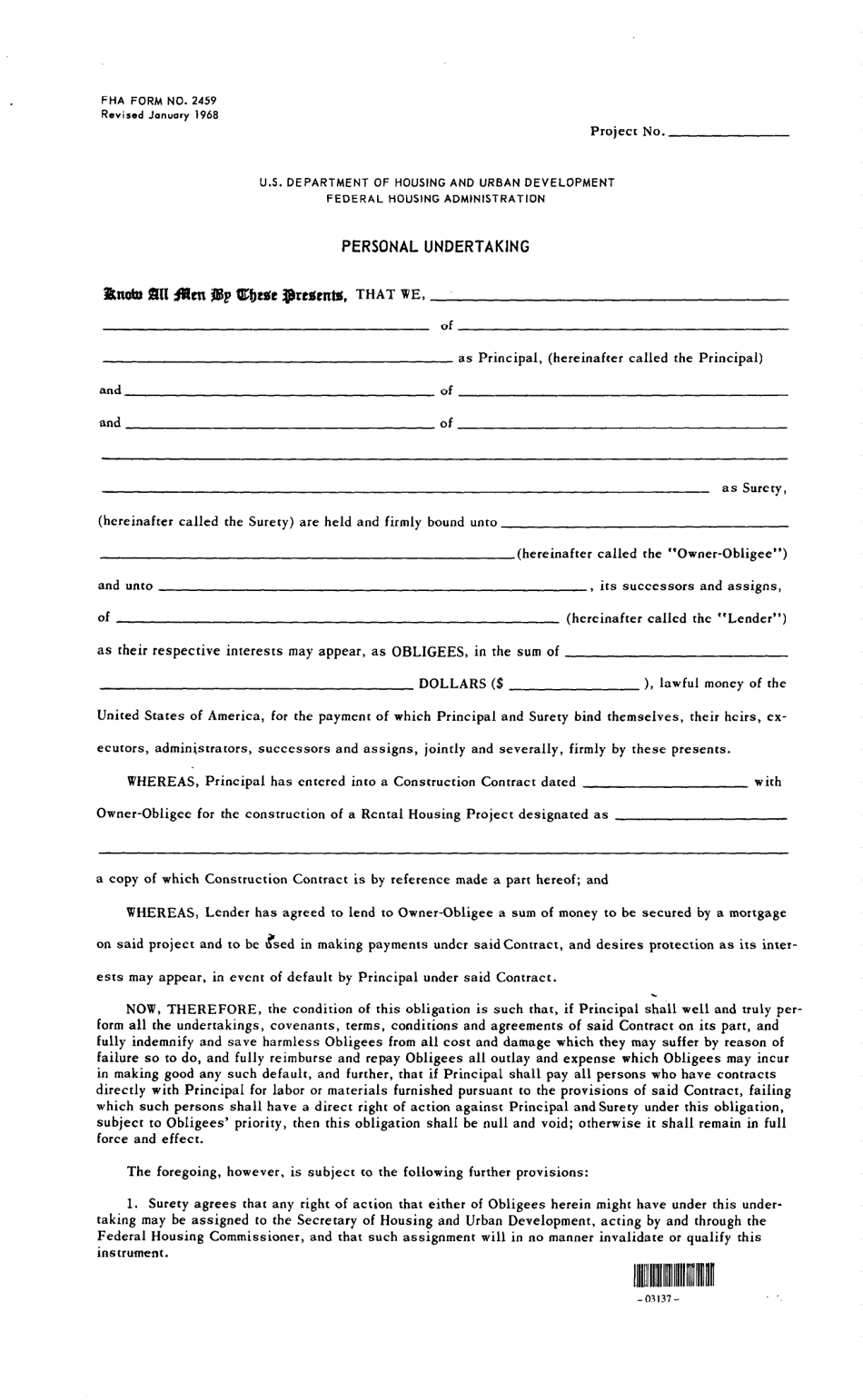 Form FHA-2459 Personal Undertaking, Page 1