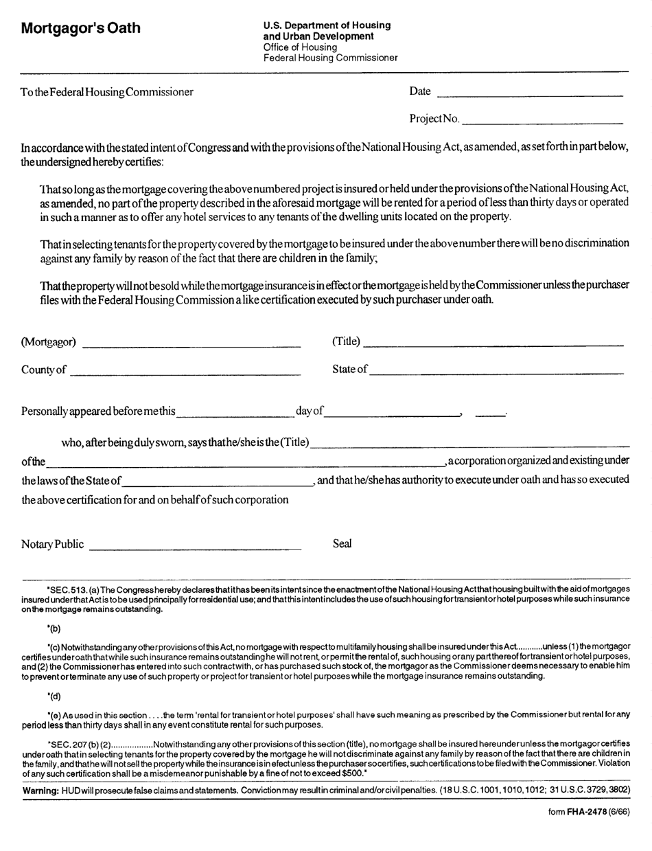 Form FHA-2478 Mortgagors Oath, Page 1
