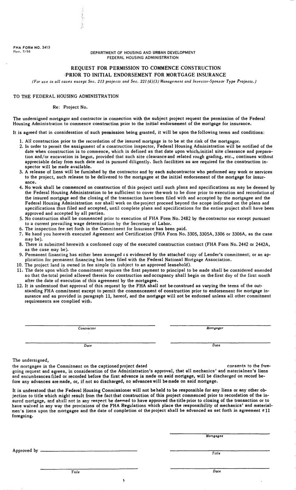 Form FHA-2415 Request for Permission to Commence Construction Prior to Initial Endorsement for Mortgage Insurance, Page 1
