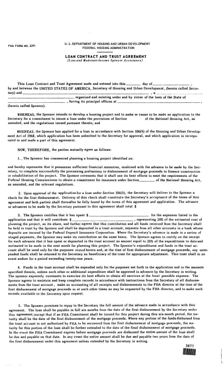 Form FHA-2291 Loan Contract and Trust Agreement (Low-And Moderate-Income Sponsor Assistance), Page 1