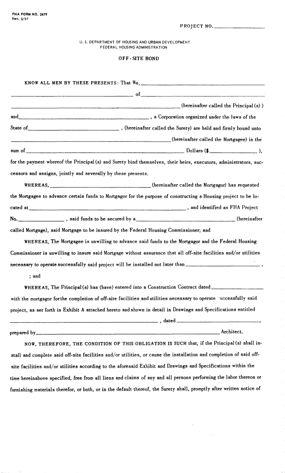 Form FHA-2479 Off-Site Bond, Page 1