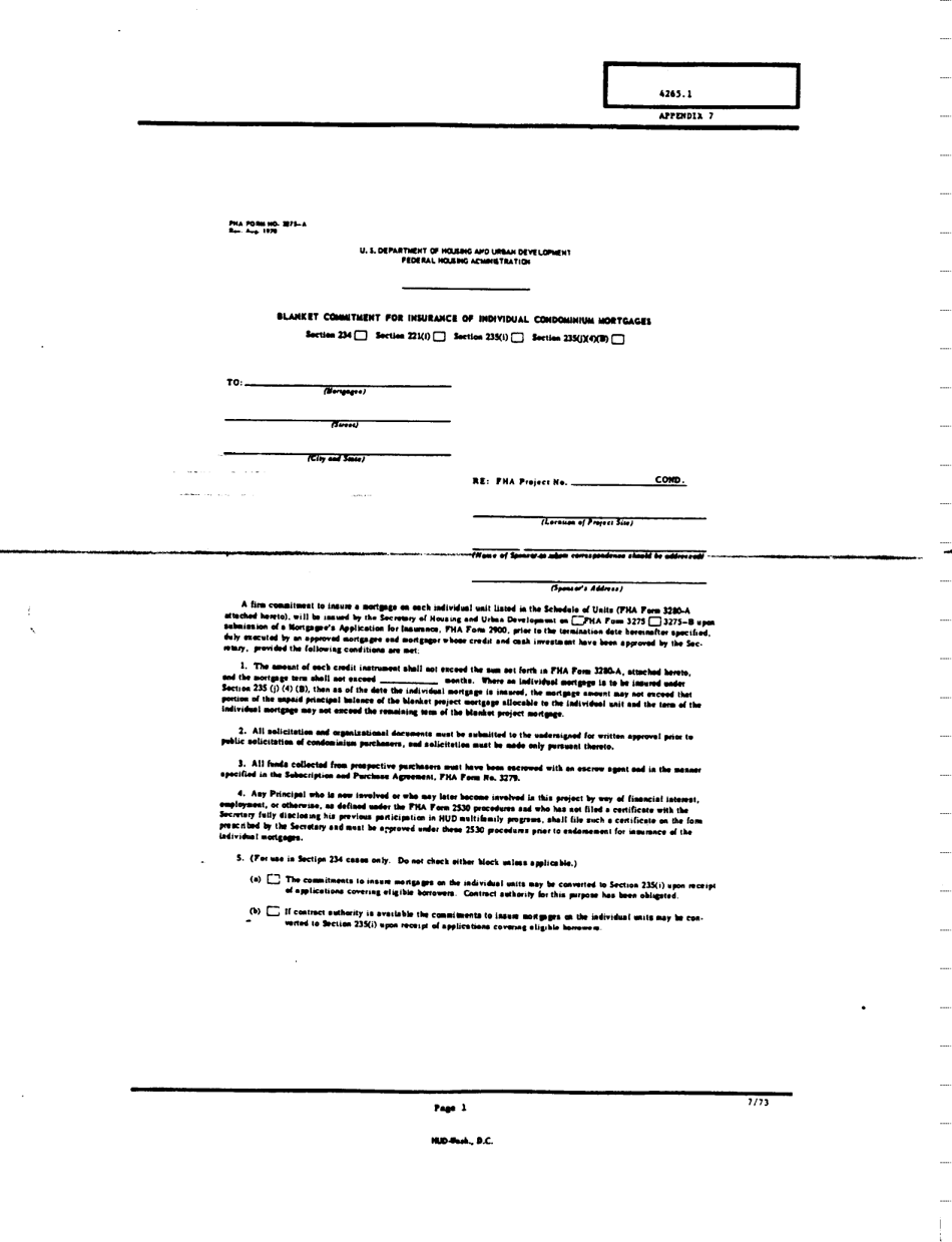 Form FHA-3275-A Appendix 7 Blanket Commitment for Insurance of Individual Condominium Mortgage, Page 1