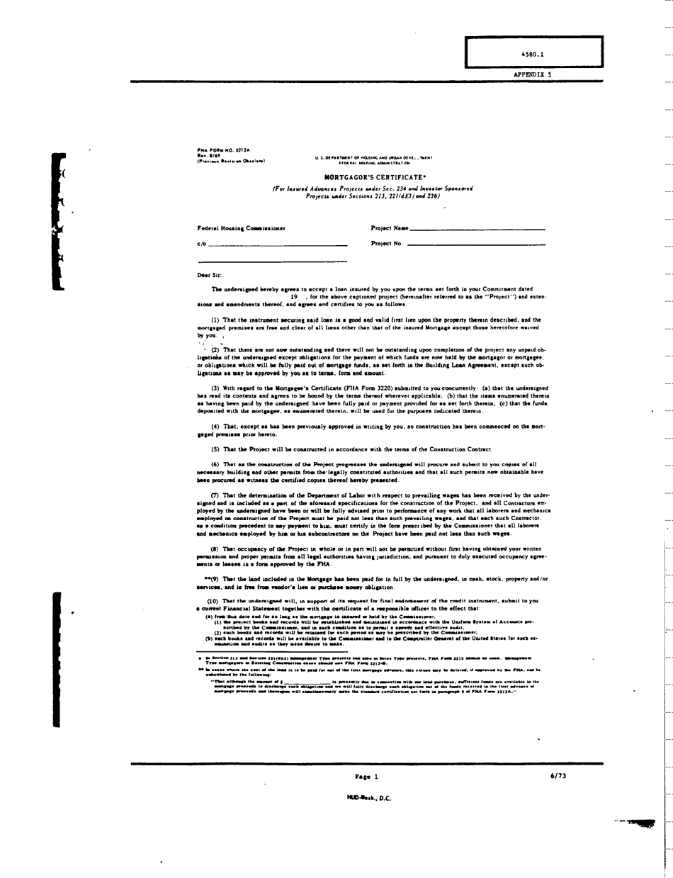 Form FHA-3212-A Appendix 5 Mortgagors Certificate, Page 1