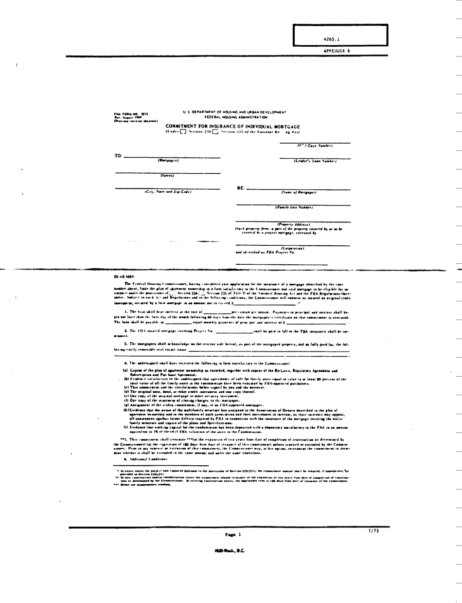 Form FHA-3275 Appendix 6 Commitment for Insurance of Individual Mortgage, Page 1