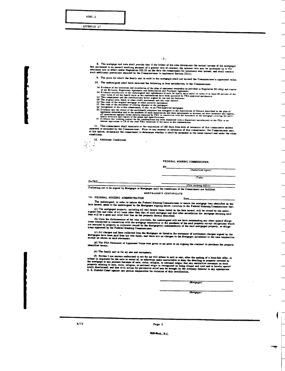 Form FHA-3275-B Appendix 17 Commitment for Insurance of Individual Condominium Mortgage, Page 2