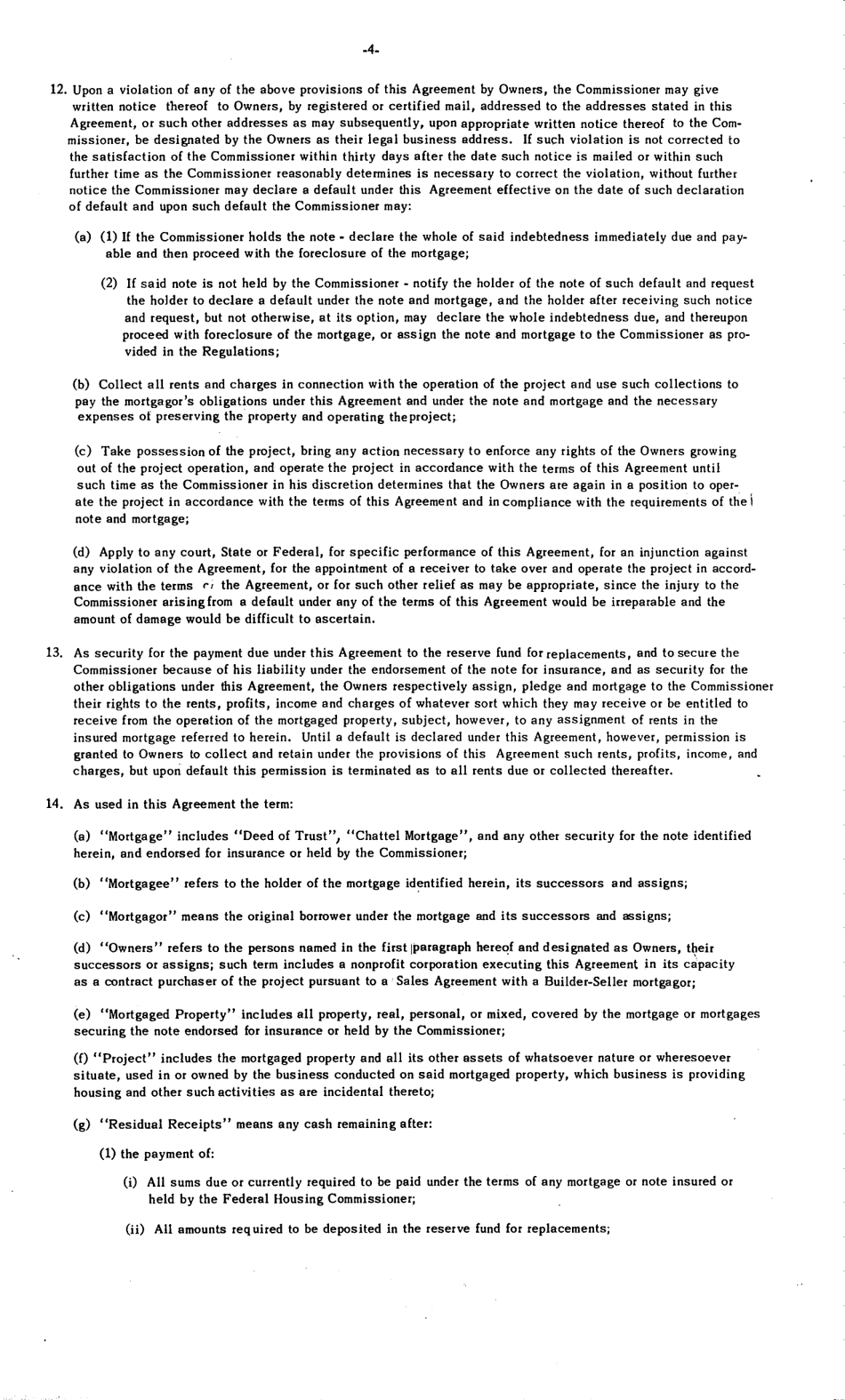 Form FHA-1733 Regulatory Agreement for Non Profit and Public Mortgagors Under Section 221(D)(3) of the National Housing Act, as Amended, Page 4