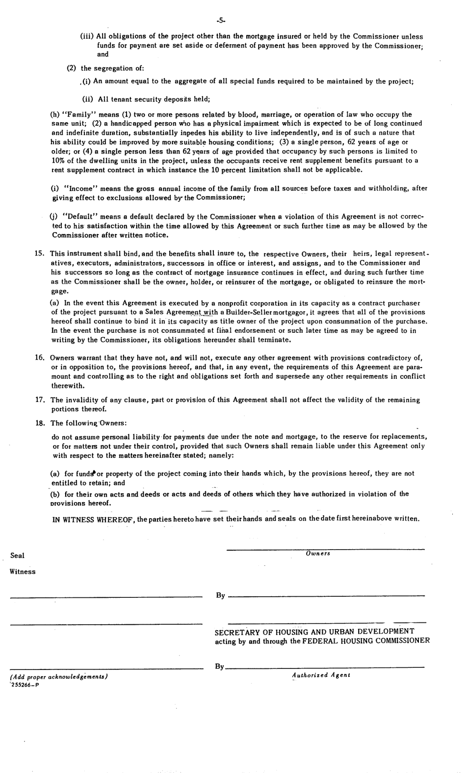 Form FHA-1733 Regulatory Agreement for Non Profit and Public Mortgagors Under Section 221(D)(3) of the National Housing Act, as Amended, Page 5