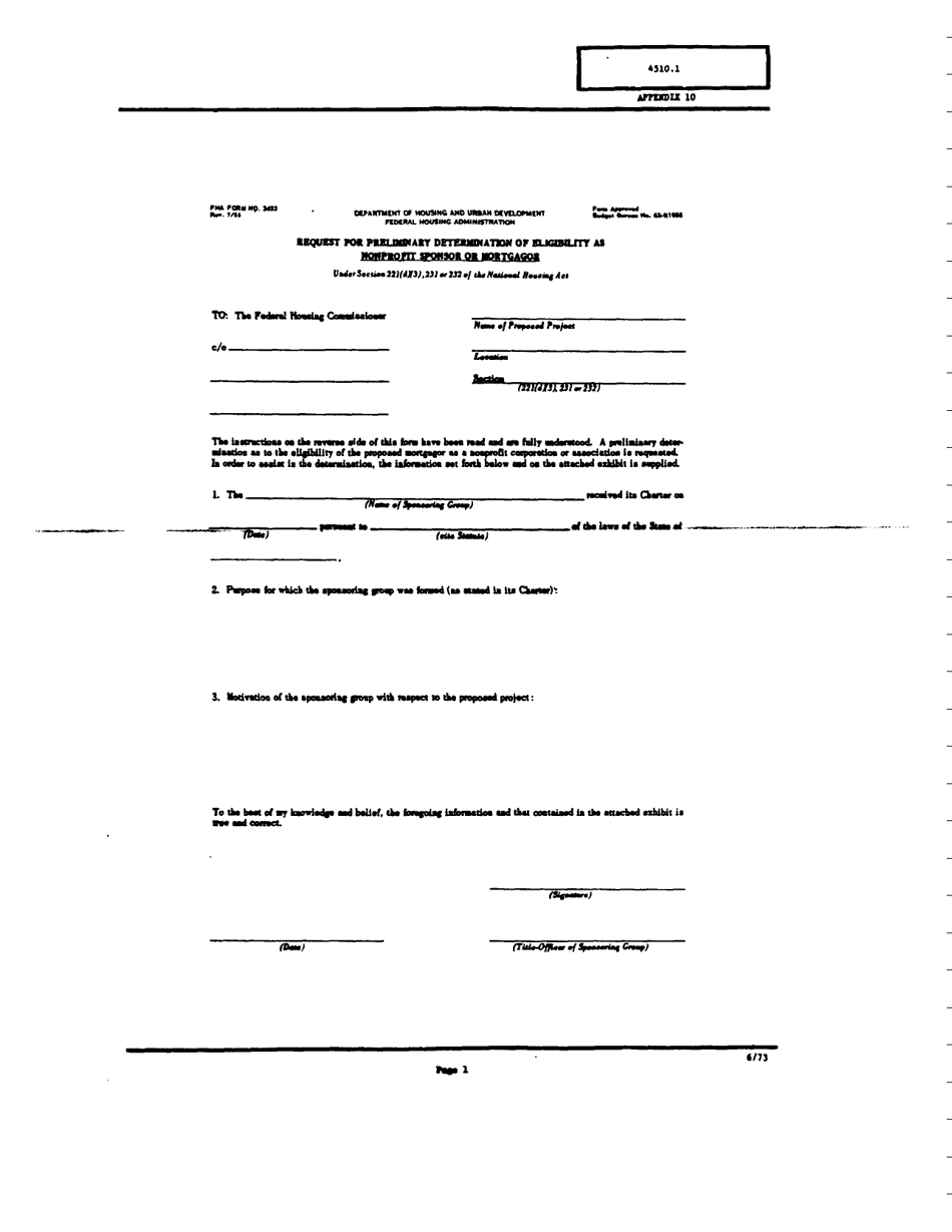 Form FHA-3433 Appendix 10 Request for Preliminary Determination of Eligibility as Nonprofit Sponsor or Mortgagor, Page 1