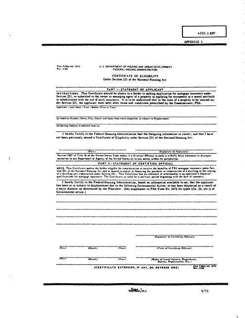 Form FHA-3476 Appendix 1 Certificate of Eligibility