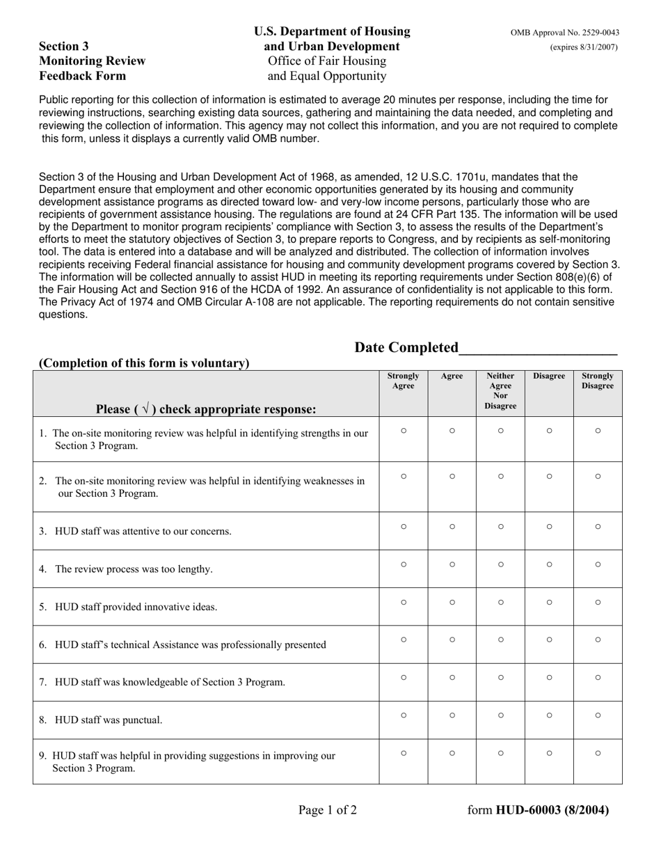 Form HUD-60003 Section 3 Monitoring Review Feedback Form, Page 1