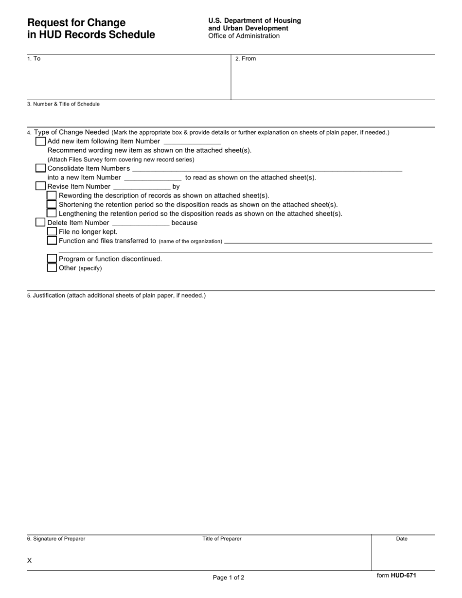 Form HUD-671 Request for Change in Hud Records Schedule, Page 1