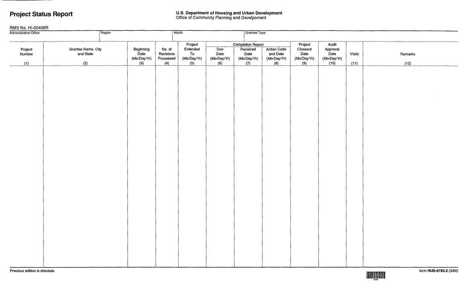 Form HUD-6785.2 Project Status Report, Page 1