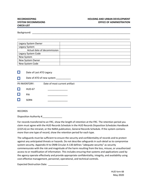 Form HUD-68 Decommissions Retention Checklist