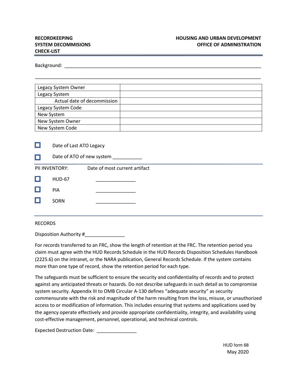 Form HUD-68 Decommissions Retention Checklist, Page 1