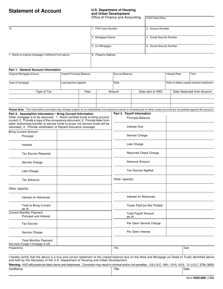 Form HUD-698 Statement of Account, Page 1