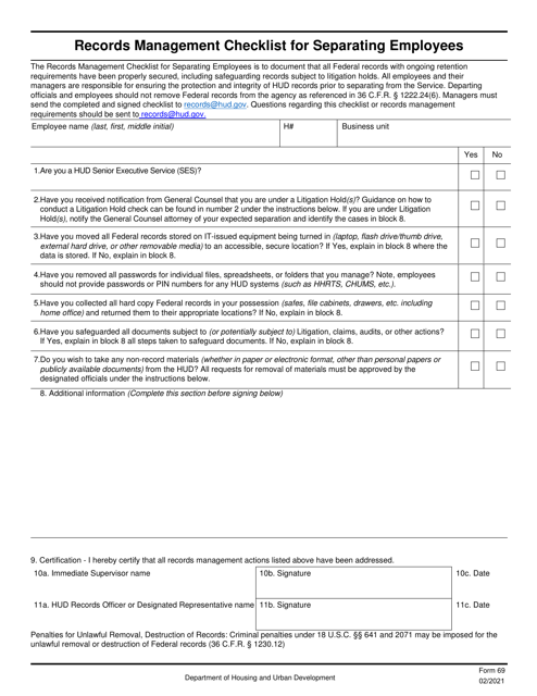 Form HUD-69 Records Management Checklist for Separating Employees