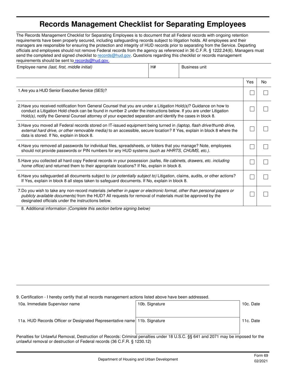 Form HUD-69 Records Management Checklist for Separating Employees, Page 1