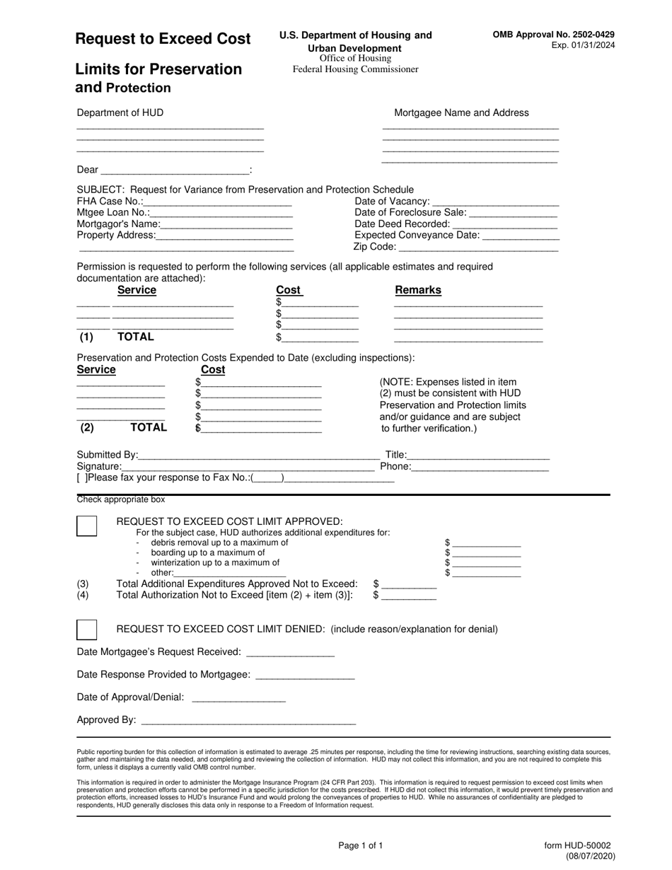 Form HUD-50002 Request to Exceed Cost Limits for Preservation and Protection, Page 1