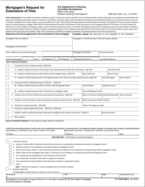 Form HUD-50012 Mortgage's Request for Extensions of Time