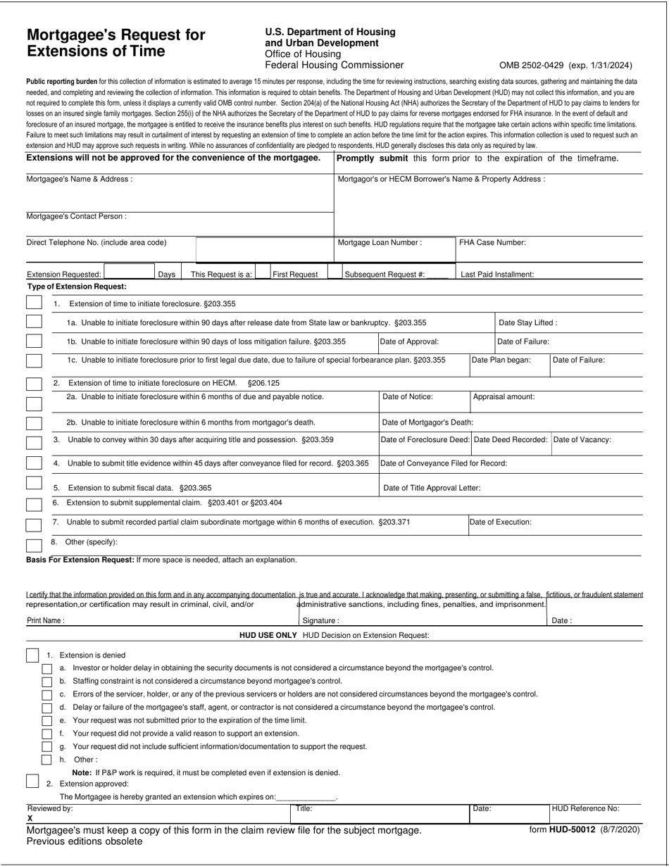 Form HUD-50012 Mortgages Request for Extensions of Time, Page 1
