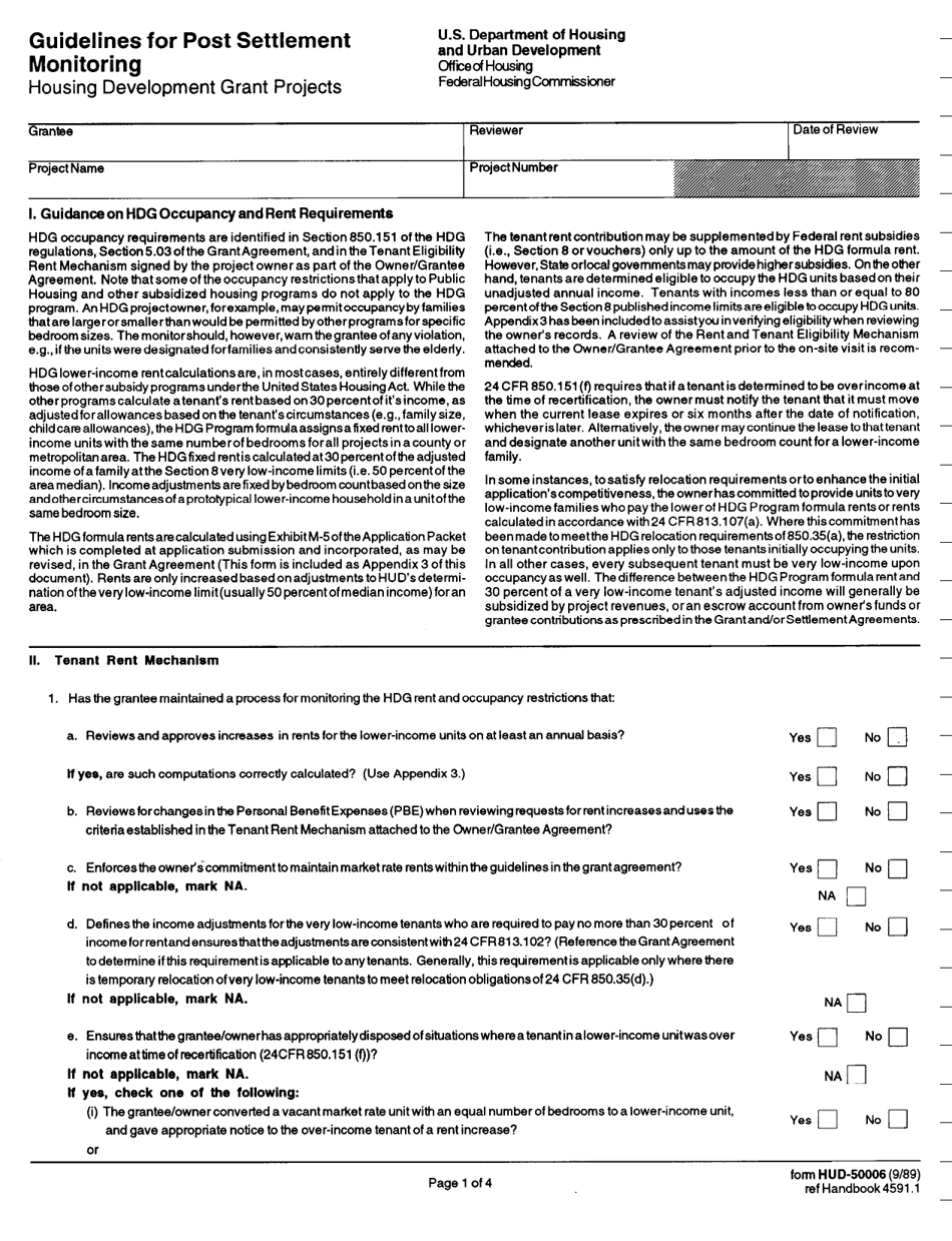 Form HUD-50006 Guidelines for Post Settlement Monitoring, Page 1