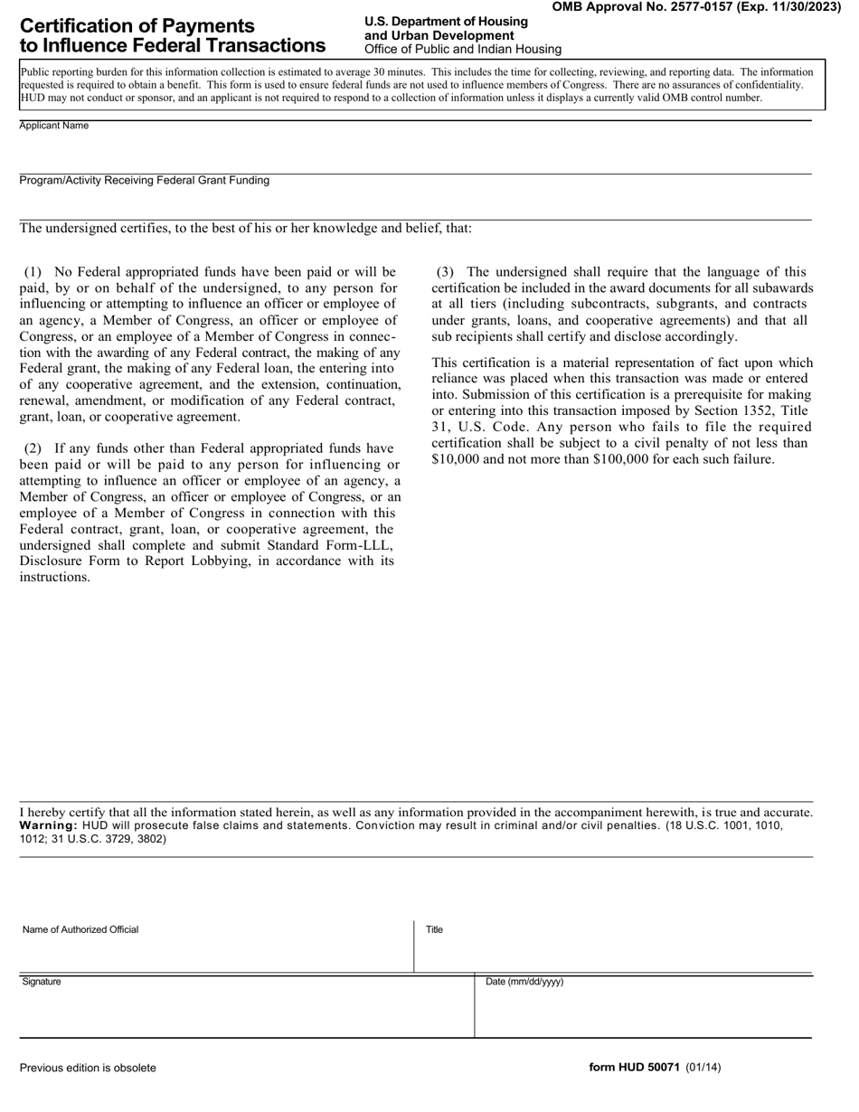 Form HUD-50071 Certification of Payments to Influence Federal Transactions, Page 1