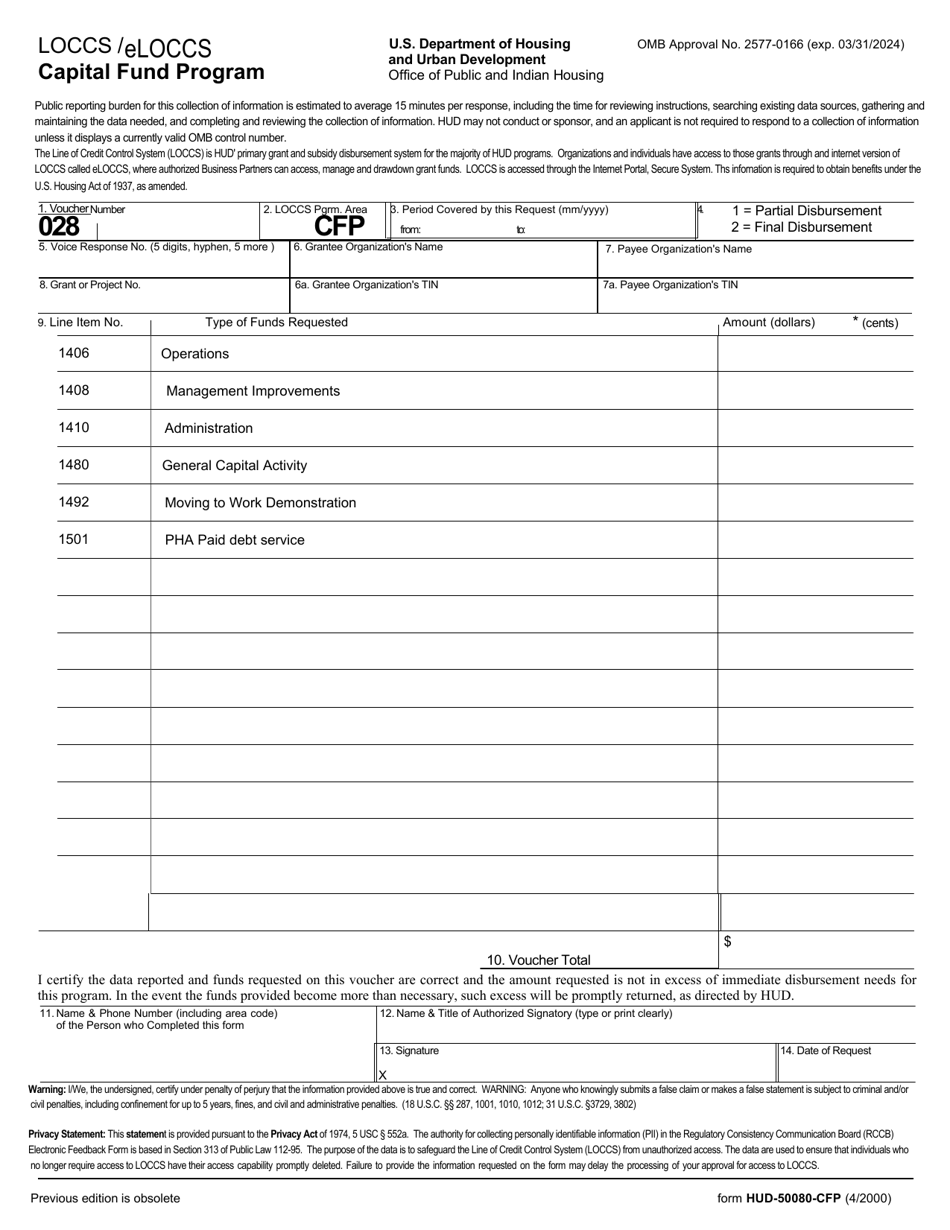 Form HUD-50080-CFP Loccs / Eloccs Capital Fund Program, Page 1