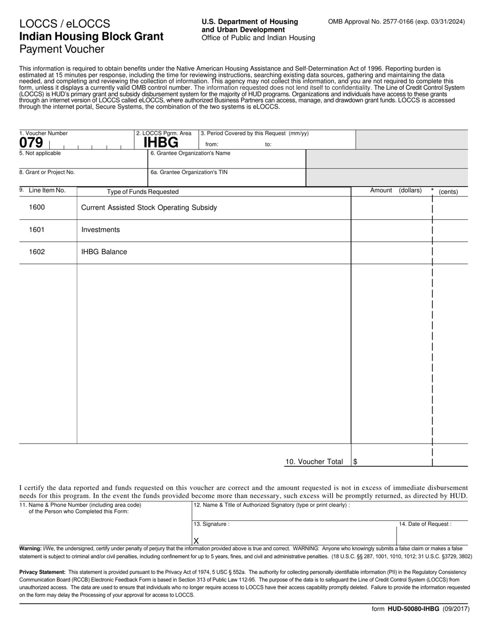 Form HUD-50080-IHBG Indian Housing Block Grant Payment Voucher, Page 1