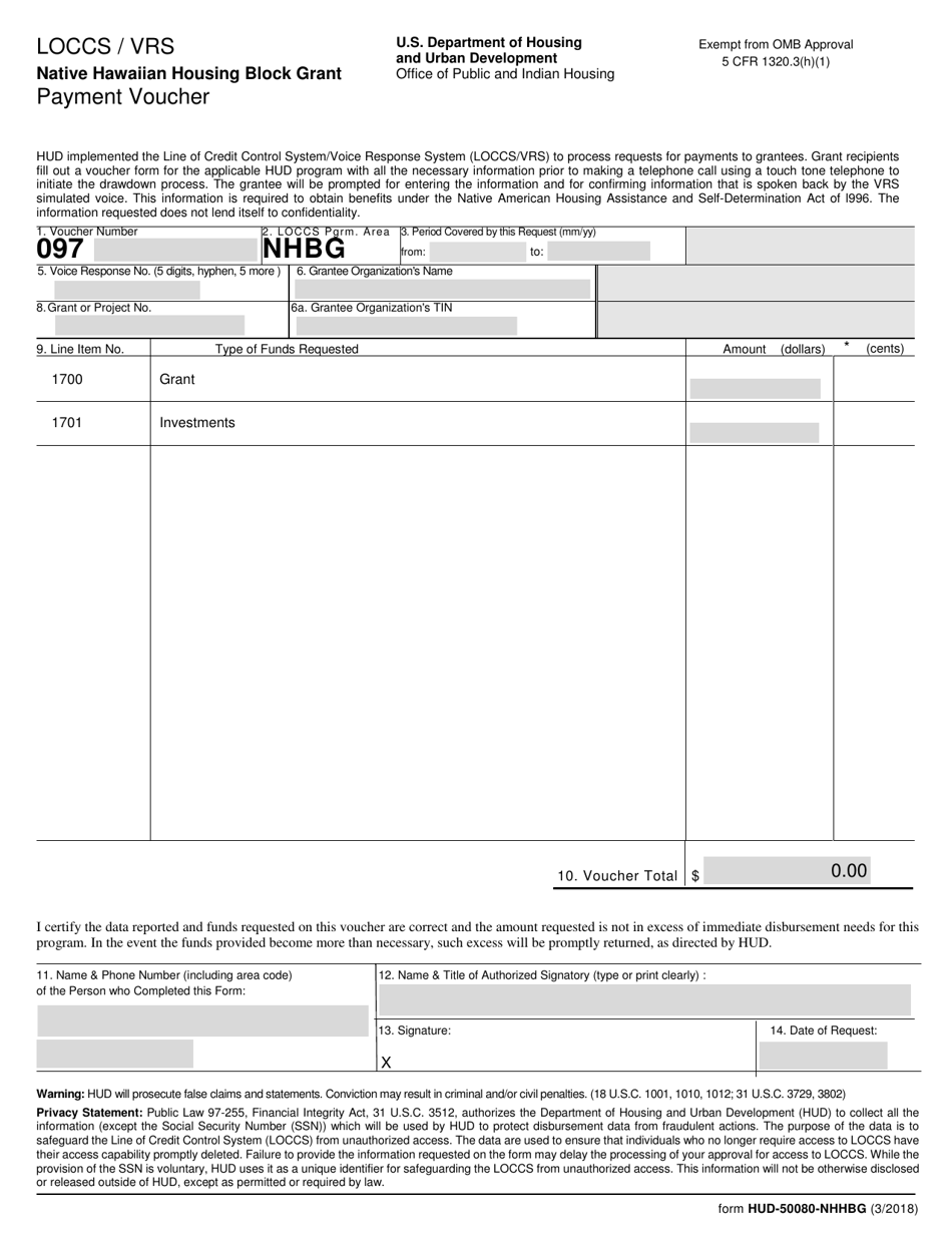 Form HUD-50080-NHHBG Loccs / Vrs Native Hawaiian Housing Block Grant Payment Voucher, Page 1